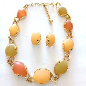 Vintage TRIFARI Signed Coral Orange Citron Glass Stone Necklace Clip On Earrings